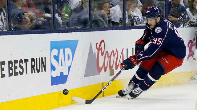 COLUMBUS, OH - MAY 6: Matt Duchene #95 of the Columbus Blue Jackets controls the puck while playing against the Boston Bruins in Game Six of the Eastern Conference Second Round during the 2019 NHL Stanley Cup Playoffs on May 6, 2019 at Nationwide Arena in Columbus, Ohio.