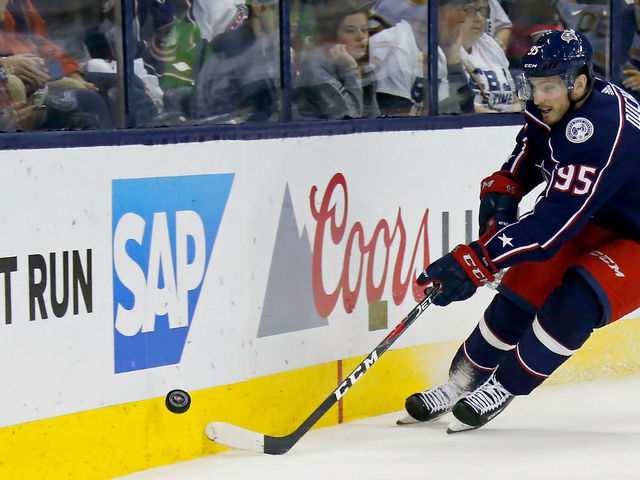 COLUMBUS, OH - MAY 6: Matt Duchene #95 of the Columbus Blue Jackets controls the puck while playing against the Boston Bruins in Game Six of the Eastern Conference Second Round during the 2019 NHL Stanley Cup Playoffs on May 6, 2019 at Nationwide Arena in Columbus, Ohio.