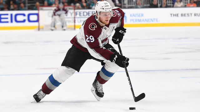 SAN JOSE, CA - APRIL 26: Nathan MacKinnon #29 of the Colorado Avalanche skates up ice with control of the puck against the San Jose Sharks during the first period in Game One of the Western Conference Second Round during the 2019 NHL Stanley Cup Playoffs at SAP Center on April 26, 2019 in San Jose, California.