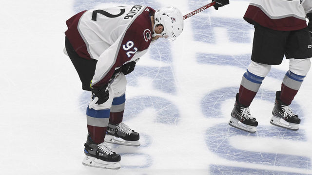SAN JOSE, CA - MAY 04: Colorado Avalanche left wing Gabriel Landeskog (92) and Colorado Avalanche center Tyson Jost (17) skate off the ice after losing game 5 2-1 to the San Jose Sharks at the SAP Center May 04, 2019.