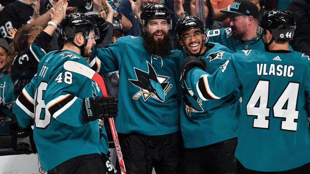 SAN JOSE, CA - MAY 08: Joe Pavelski #8, Tomas Hertl #48, Evander Kane #9, Marc-Edouard Vlasic #44 and Brent Burns #88 of the San Jose Sharks celebrate a goal against the Colorado Avalanche in Game Seven of the Western Conference Second Round during the 2019 NHL Stanley Cup Playoffs at SAP Center on May 8, 2019 in San Jose, California