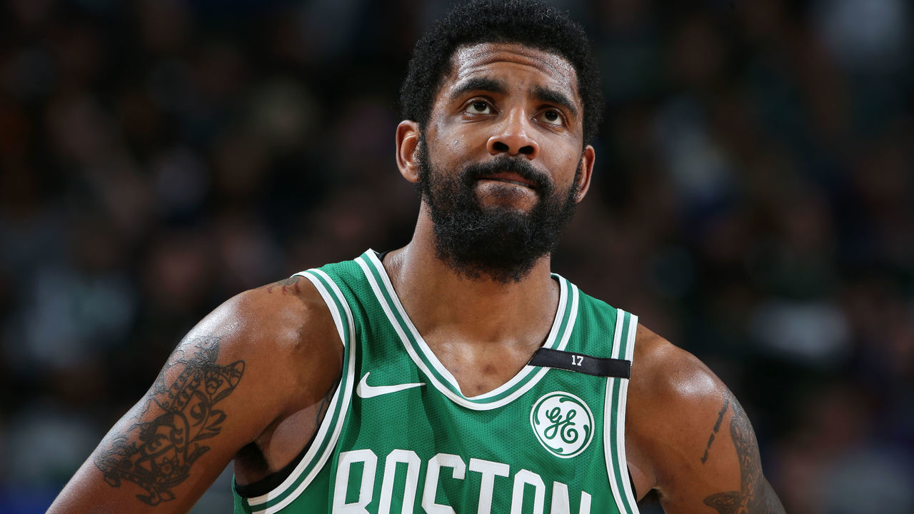 MILWAUKEE, WI - MAY 8: Kyrie Irving #11 of the Boston Celtics looks on during Game Five of the Eastern Conference Semifinals of the 2019 NBA Playoffs on May 8, 2019 at the Fiserv Forum in Milwaukee, Wisconsin. NOTE TO USER: User expressly acknowledges and agrees that, by downloading and/or using this photograph, user is consenting to the terms and conditions of the Getty Images License Agreement. Mandatory Copyright Notice: Copyright 2019 NBAE
