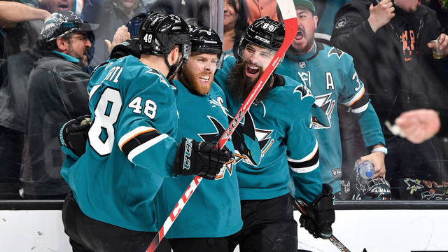 SAN JOSE, CA - MAY 08: Joe Pavelski #8, Tomas Hertl #48 and Brent Burns #88 of the San Jose Sharks celebrate a goal against the Colorado Avalanche in Game Seven of the Western Conference Second Round during the 2019 NHL Stanley Cup Playoffs at SAP Center on May 8, 2019 in San Jose, California