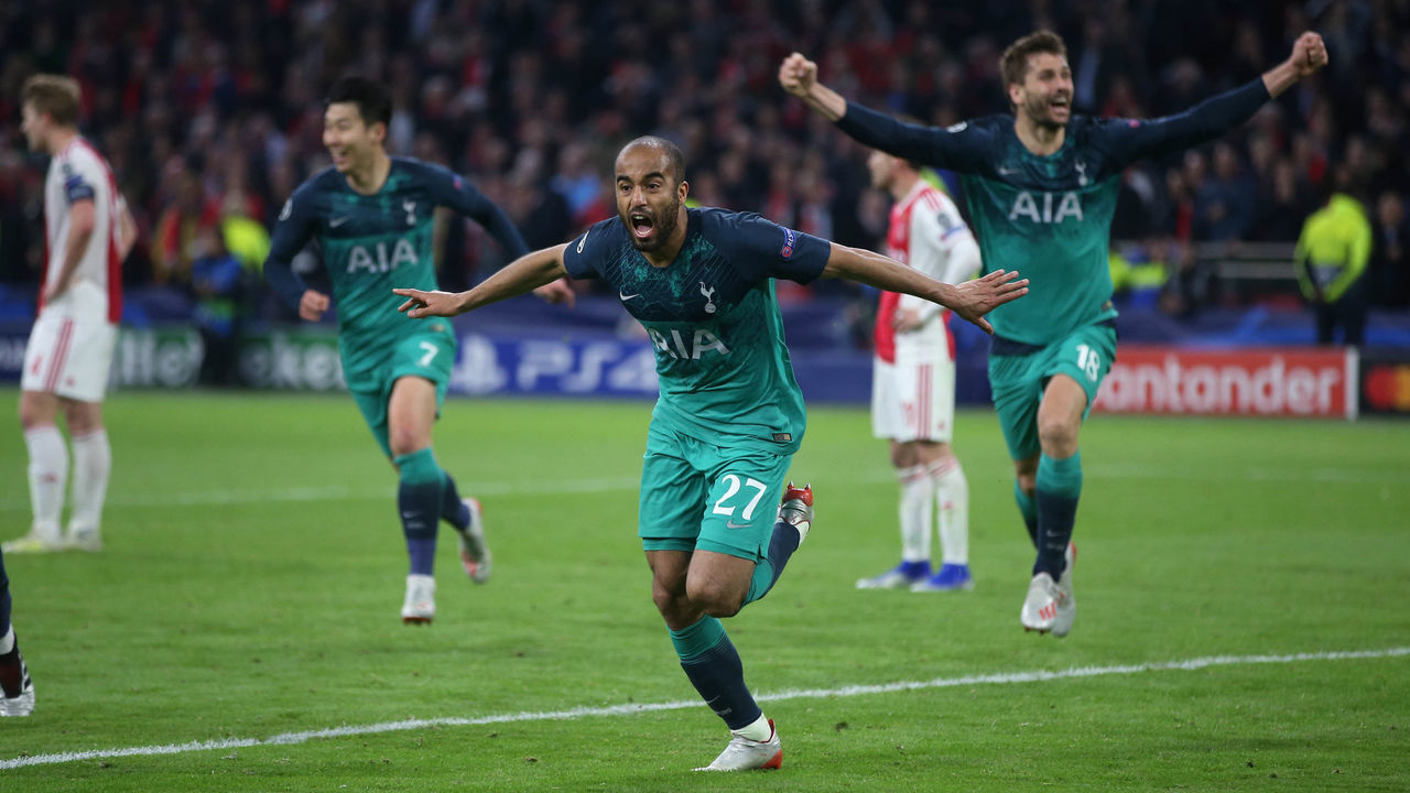 AMSTERDAM, NETHERLANDS - MAY 08: Lucas Moura of Tottenham Hotspur celebrates after scoring their third goal to complete his hat trick during the UEFA Champions League Semi Final second leg match between Ajax and Tottenham Hotspur at the Johan Cruyff Arena on May 08, 2019 in Amsterdam, Netherlands.