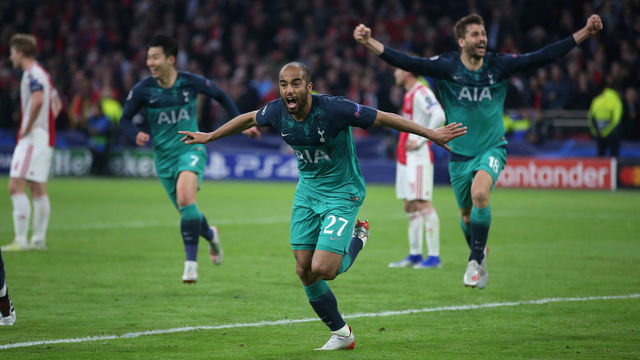 AMSTERDAM, NETHERLANDS - MAY 08: Lucas Moura of Tottenham Hotspur celebrates after scoring their third goal to complete his hat trick during the UEFA Champions League Semi Final second leg match between Ajax and Tottenham Hotspur at the Johan Cruyff Arena on May 08, 2019 in Amsterdam, Netherlands.