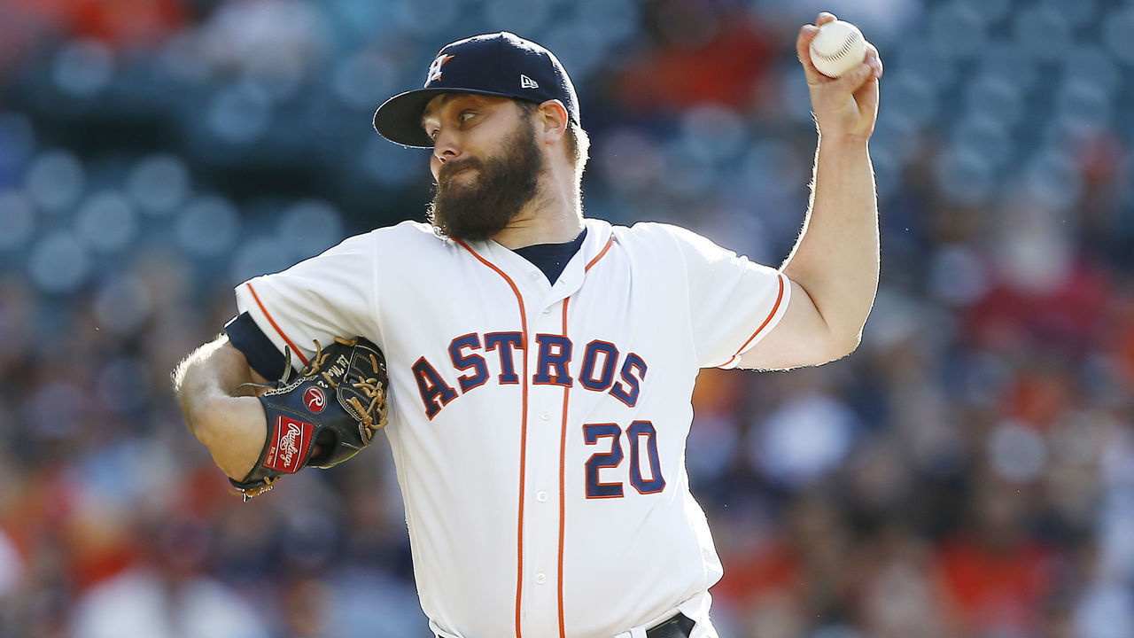 HOUSTON, TEXAS - APRIL 28: Wade Miley #20 of the Houston Astros pitches in the first inning against the Cleveland Indians at Minute Maid Park on April 28, 2019 in Houston, Texas.