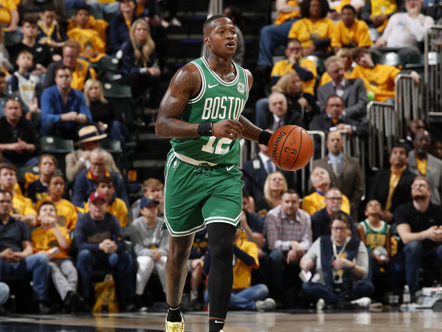 INDIANAPOLIS, IN - APRIL 21: Terry Rozier #12 of the Boston Celtics handles the ball against the Indiana Pacers during Game Four of Round One of the 2019 NBA Playoffs on April 21, 2019 at Bankers Life Fieldhouse in Indianapolis, Indiana. Mandatory Copyright Notice: Copyright 2019 NBAE