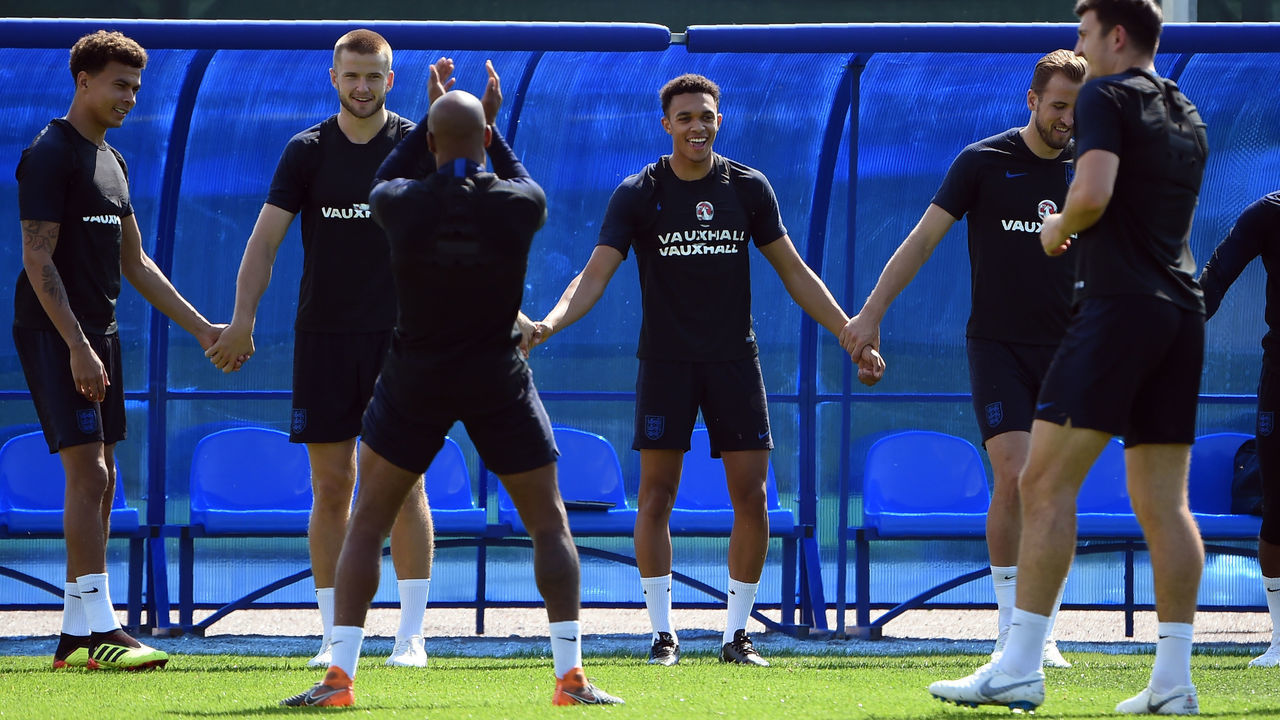 (L-R) England's midfielder Dele Alli, England's midfielder Eric Dier, England's defender Trent Alexander-Arnold and England's forward Harry Kane take part in a training session in Repino near Saint Petersburg on July 13, 2018 on the eve of the Russia 2018 World Cup third place football match between Belgium and England.