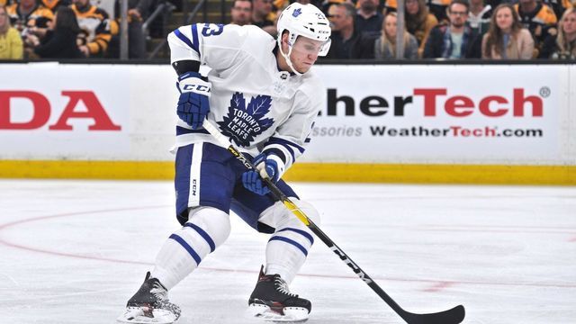 BOSTON, MA - APRIL 13: Toronto Maple Leafs defenseman Travis Dermott (23) skates hard up ice with he puck. During Game 2 in the First round of the Stanley Cup playoffs featuring the Toronto Maple Leafs against the Boston Bruins on April 13, 2019 at TD Garden in Boston, MA.
