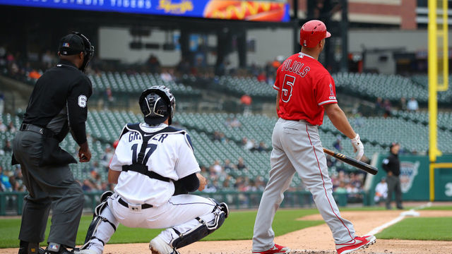 DETROIT, MICHIGAN - MAY 09: Albert Pujols #5 of the Los Angeles Angels watches his third inning solo home run to reach 2000 career RBI's while playing the Detroit Tigers at Comerica Park on May 09, 2019 in Detroit, Michigan.