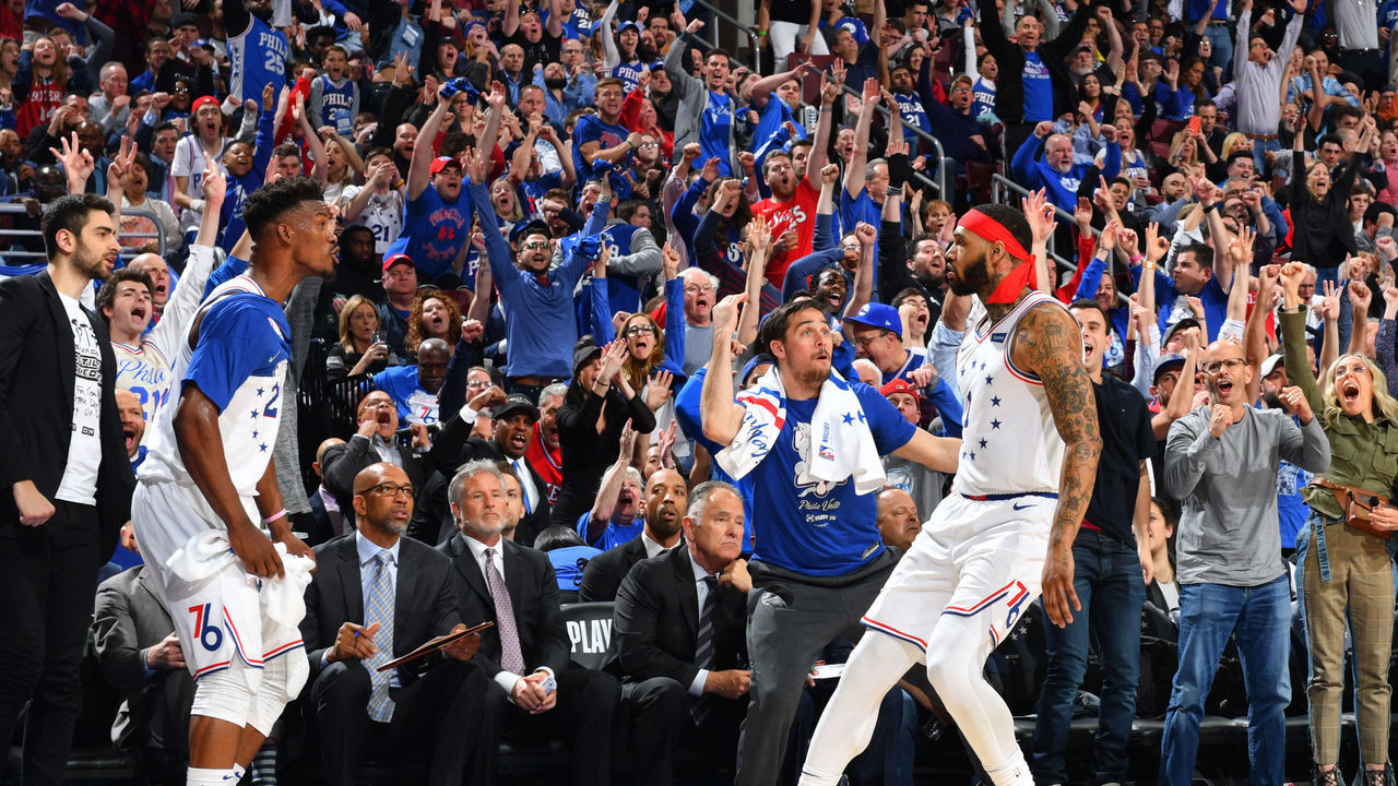 PHILADELPHIA, PA - MAY 9: Mike Scott #1 of the Philadelphia 76ers reacts during a game against the Toronto Raptors during Game Six of the Eastern Conference Semifinals on May 9, 2019 at the Wells Fargo Center in Philadelphia, Pennsylvania NOTE TO USER: User expressly acknowledges and agrees that, by downloading and/or using this Photograph, user is consenting to the terms and conditions of the Getty Images License Agreement. Mandatory Copyright Notice: Copyright 2019 NBAE
