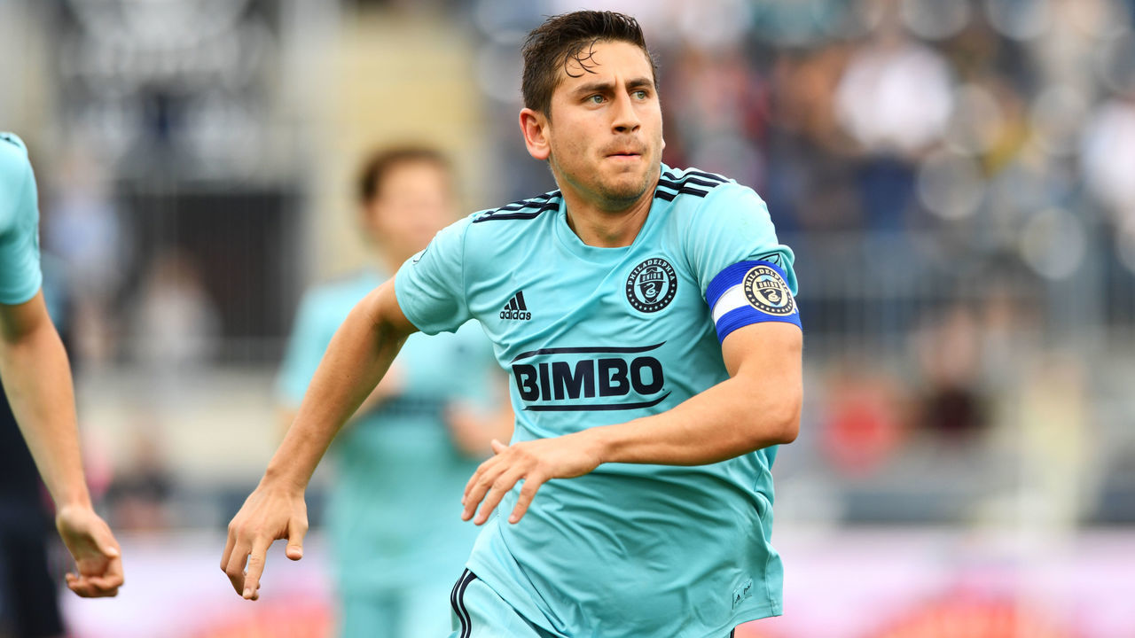 CHESTER, PA - APRIL 20: Union Midfielder Alejandro Bedoya (11) celebrates after scoring a goal in the second half during the game between the Montreal Impact and Philadelphia Union on April 20, 2019 at Talen Energy Stadium in Chester, PA.