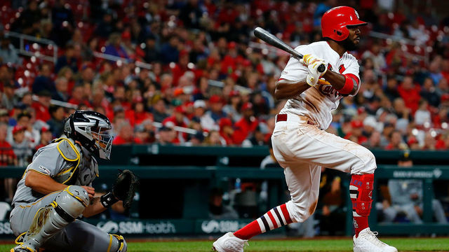 ST. LOUIS, MO - MAY 9: Dexter Fowler #25 of the St. Louis Cardinals hits an RBI single against the Pittsburgh Pirates in the third inning at Busch Stadium on May 9, 2019 in St. Louis, Missouri.