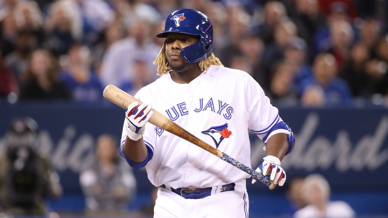 TORONTO, ON - MAY 07: Vladimir Guerrero Jr. #27 of the Toronto Blue Jays during his at bat in the fourth inning during MLB game action against the Minnesota Twins at Rogers Centre on May 7, 2019 in Toronto, Canada.