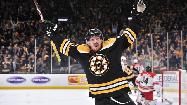 BOSTON, MA - MAY 09: Boston Bruins center Joakim Nordstrom (20) celebrate his teammates goal. During Game 1 of the Eastern Conference Finals featuring the Boston Bruins against the Carolina Hurricanes on May 09, 2019 at TD Garden in Boston, MA.