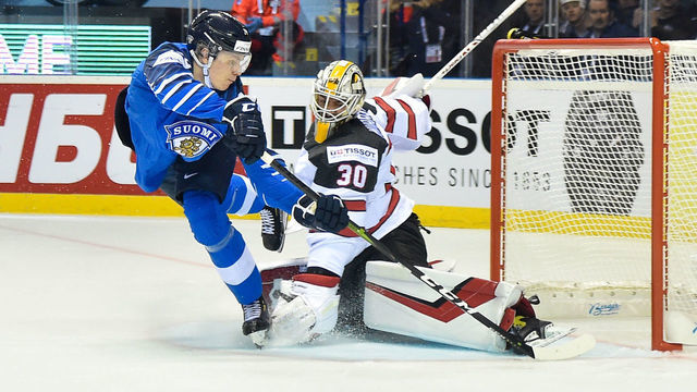 KOSICE, SLOVAKIA - MAY 10: Kaapo Kakko #24 of Finland scores a goal agains Matt Murray #30 of Canada during the 2019 IIHF Ice Hockey World Championship Slovakia group A game between Finland and Canada at Steel Arena on May 10, 2019 in Kosice, Slovakia.