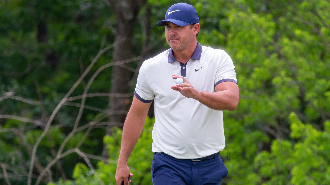 DALLAS, TX - MAY 09: Brooks Koepka acknowledges the gallery after making birdie on #7 during the first round of the AT&T Byron Nelson on May 9, 2019 at Trinity Forest Golf Club in Dallas, TX.