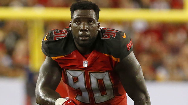 TAMPA, FL - SEP 24: Jason Pierre-Paul (90) of the Bucs takes a knee for a moment during the regular season game between the Pittsburgh Steelers and the Tampa Bay Buccaneers on September 24, 2018 at Raymond James Stadium in Tampa, Florida.
