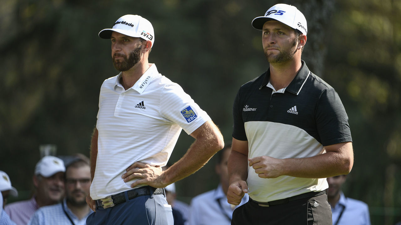 MEXICO CITY, MEXICO - MARCH 01: Dustin Johnson and Jon Rahm of Spain wait to tee off during round one of the World Golf Championships-Mexico Championship at Club de Golf Chapultepec on March 1, 2018 in Mexico City, Mexico.