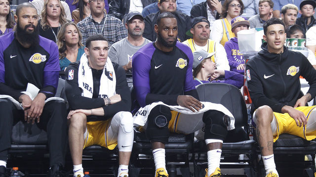 SACRAMENTO, CA - NOVEMBER 10: Tyson Chandler #5, Lonzo Ball #2, LeBron James #23 and Kyle Kuzma #0 of the Los Angeles Lakers look on during the game against the Sacramento Kings on November 10, 2018 at Golden 1 Center in Sacramento, California. NOTE TO USER: User expressly acknowledges and agrees that, by downloading and or using this photograph, User is consenting to the terms and conditions of the Getty Images Agreement. Mandatory Copyright Notice: Copyright 2018 NBAE