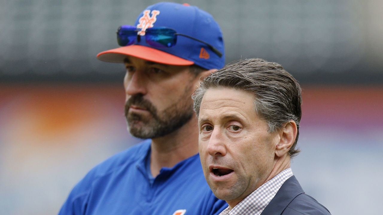 NEW YORK, NY - SEPTEMBER 8: Manager Mickey Callaway #36 of the New York Mets stands with Mets COO Jeff Wilpon as they watch David Wright play in a simulated game before an MLB baseball game against the Philadelphia Phillies on September 8, 2018 at Citi Field in the Flushing neighborhood of the Queens borough of New York City. Mets won 10-5.