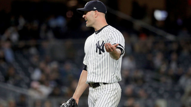 NEW YORK, NEW YORK - MAY 09: J.A. Happ #34 of the New York Yankees reacts as he is pulled from the game in the sixth inning against the Seattle Mariners at Yankee Stadium on May 09, 2019 in the Bronx borough of New York City.