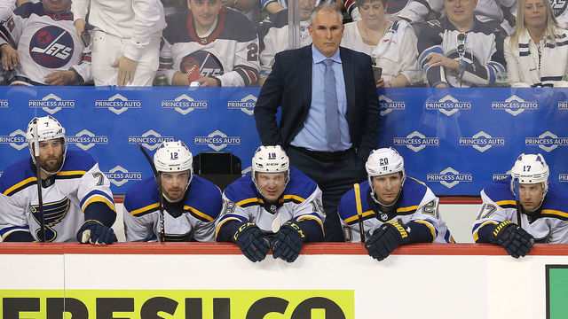 WINNIPEG, MANITOBA - APRIL 10: head coach Craig Berube of the St. Louis Blues watches his team in Game One of the Western Conference First Round against the Winnipeg Jets during the 2019 NHL Stanley Cup Playoffs at Bell MTS Place on April 10, 2019 in Winnipeg, Manitoba, Canada.