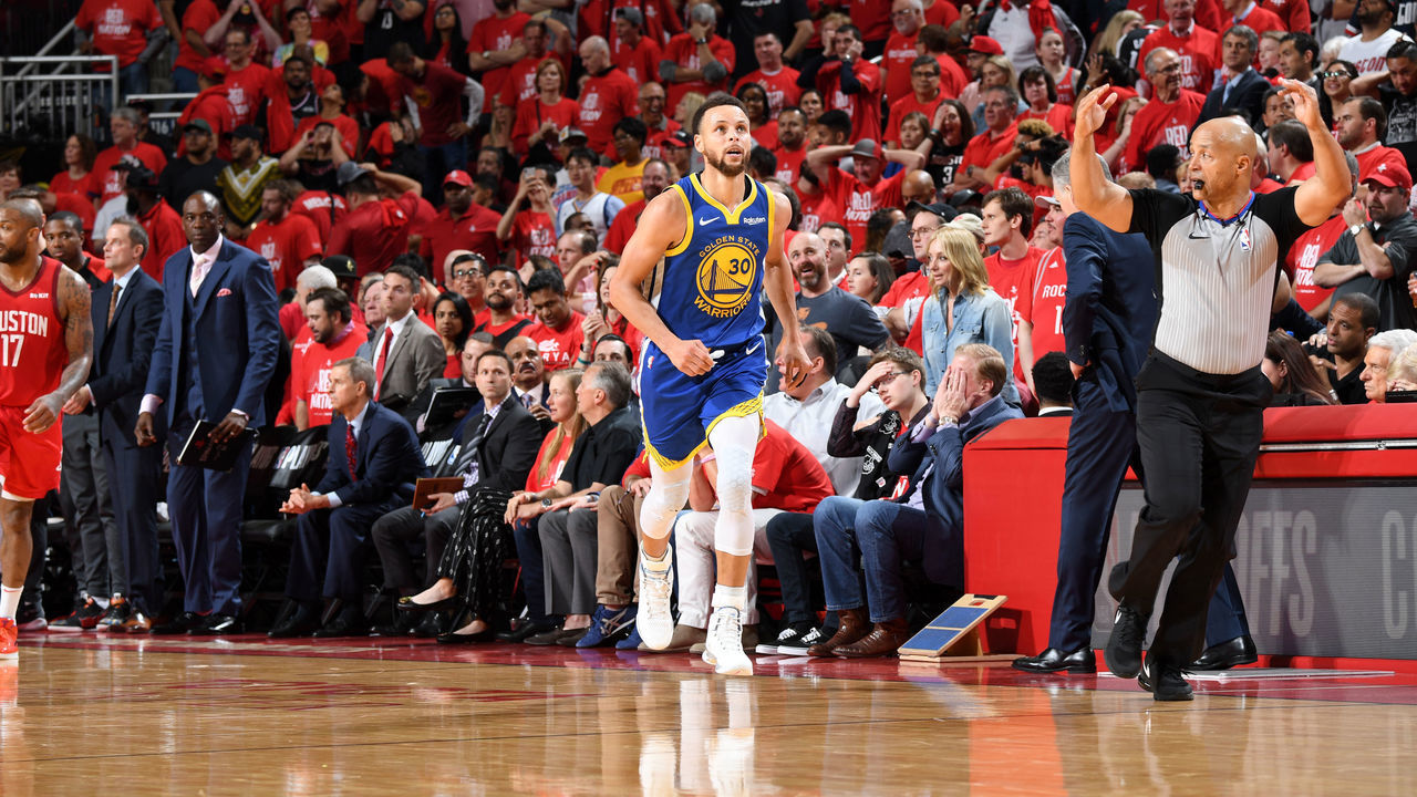 HOUSTON, TX - MAY 10: Stephen Curry #30 of the Golden State Warriors looks on against the Houston Rockets during Game Six of the Western Conference Semifinals of the 2019 NBA Playoffs on May 10, 2019 at the Toyota Center in Houston, Texas. NOTE TO USER: User expressly acknowledges and agrees that, by downloading and/or using this photograph, user is consenting to the terms and conditions of the Getty Images License Agreement. Mandatory Copyright Notice: Copyright 2019 NBAE