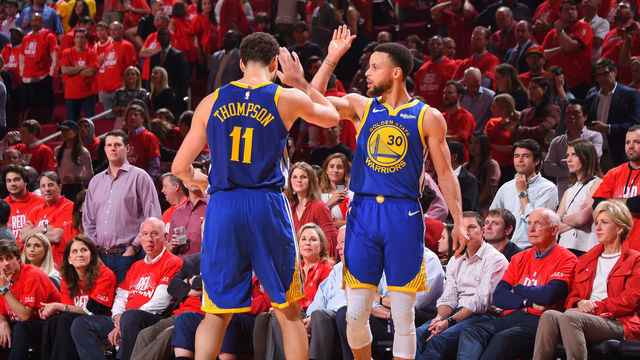 HOUSTON, TX - MAY 10: Klay Thompson #11 of the Golden State Warriors and Stephen Curry #30 of the Golden State Warriors react during a game against the Houston Rockets during Game Six of the Western Conference Semifinals of the 2019 NBA Playoffs on May 10, 2019 at the Toyota Center in Houston, Texas. NOTE TO USER: User expressly acknowledges and agrees that, by downloading and/or using this photograph, user is consenting to the terms and conditions of the Getty Images License Agreement. Mandatory Copyright Notice: Copyright 2019 NBAE