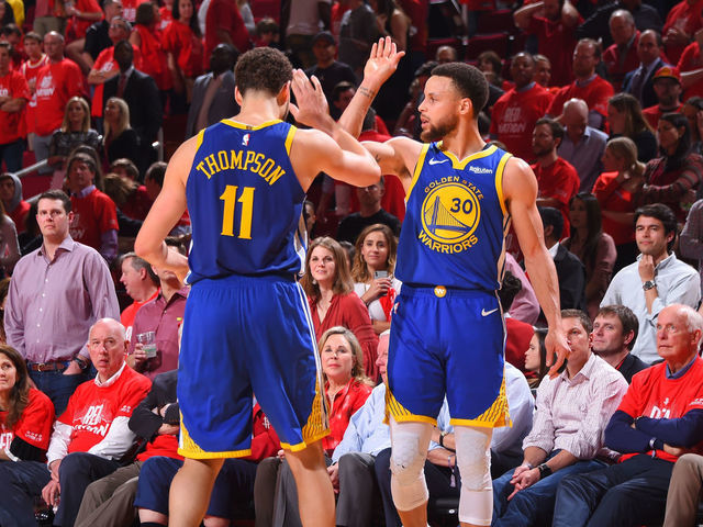 HOUSTON, TX - MAY 10: Klay Thompson #11 of the Golden State Warriors and Stephen Curry #30 of the Golden State Warriors react during a game against the Houston Rockets during Game Six of the Western Conference Semifinals of the 2019 NBA Playoffs on May 10, 2019 at the Toyota Center in Houston, Texas. NOTE TO USER: User expressly acknowledges and agrees that, by downloading and/or using this photograph, user is consenting to the terms and conditions of the Getty Images License Agreement. Mandatory Copyright Notice: Copyright 2019 NBAE