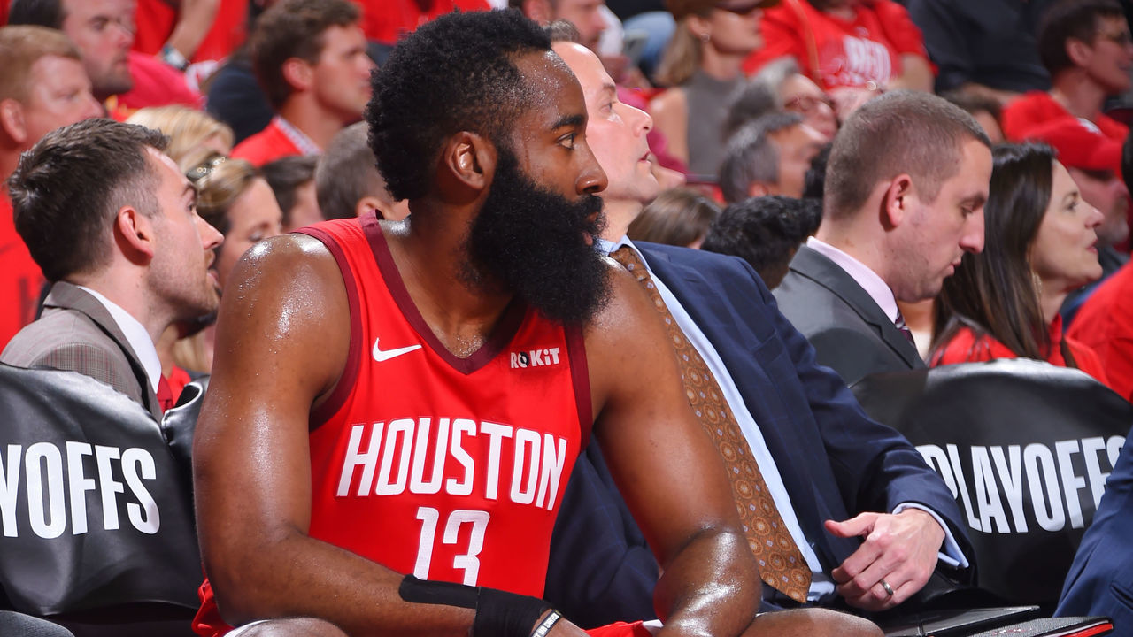 HOUSTON, TX - MAY 10: James Harden #13 of the Houston Rockets looks on during a game against the Golden State Warriors during Game Six of the Western Conference Semifinals of the 2019 NBA Playoffs on May 10, 2019 at the Toyota Center in Houston, Texas. NOTE TO USER: User expressly acknowledges and agrees that, by downloading and/or using this photograph, user is consenting to the terms and conditions of the Getty Images License Agreement. Mandatory Copyright Notice: Copyright 2019 NBAE