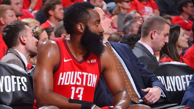 HOUSTON, TX - MAY 10: James Harden #13 of the Houston Rockets looks on during a game against the Golden State Warriors during Game Six of the Western Conference Semifinals of the 2019 NBA Playoffs on May 10, 2019 at the Toyota Center in Houston, Texas. NOTE TO USER: User expressly acknowledges and agrees that, by downloading and/or using this photograph, user is consenting to the terms and conditions of the Getty Images License Agreement. Mandatory Copyright Notice: Copyright 2019 NBAE