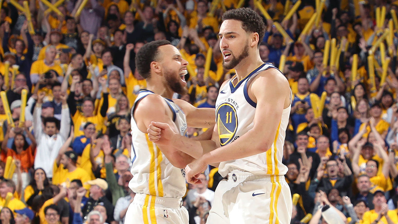 OAKLAND, CA - MAY 8: Stephen Curry #30 and Klay Thompson #11 of the Golden State Warriors react to a play against the Houston Rockets during Game Five of the Western Conference Semifinals of the 2019 NBA Playoffs on May 8, 2019 at ORACLE Arena in Oakland, California. NOTE TO USER: User expressly acknowledges and agrees that, by downloading and/or using this photograph, user is consenting to the terms and conditions of Getty Images License Agreement. Mandatory Copyright Notice: Copyright 2019 NBAE