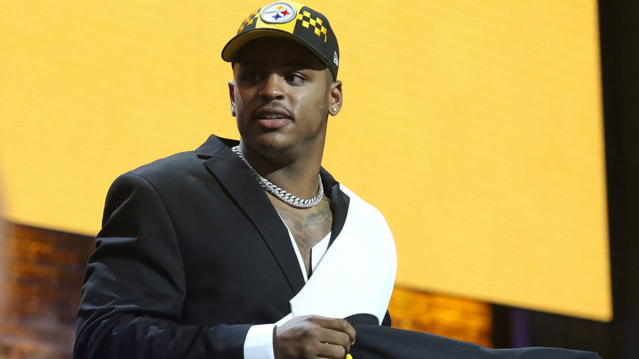 NASHVILLE, TN - APRIL 25: Michigan linebacker Devin Bush is selected by the Pittsburgh Steelers with the 10th pick in the first round of the 2019 NFL Draft on April 25, 2019, at the Draft Main Stage on Lower Broadway in downtown Nashville, TN.