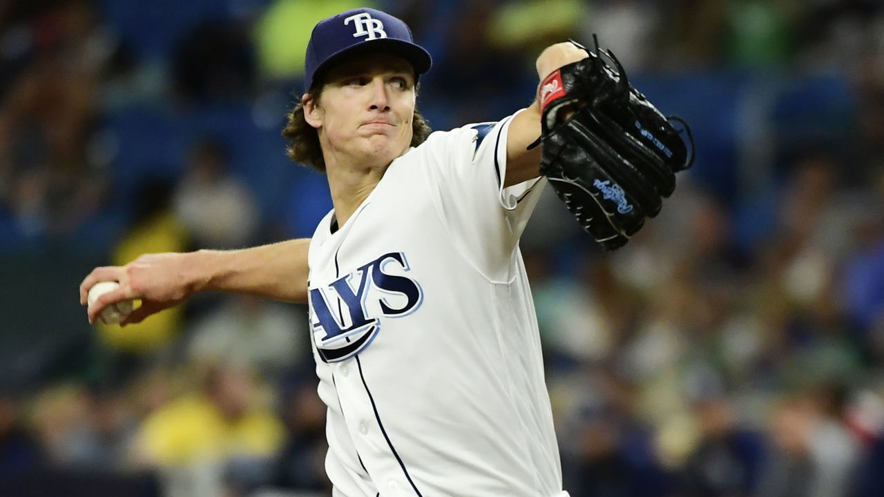 ST. PETERSBURG, FLORIDA - MAY 10: Tyler Glasnow #20 of the Tampa Bay Rays delivers a pitch in the first inning against the New York Yankees at Tropicana Field on May 10, 2019 in St. Petersburg, Florida.