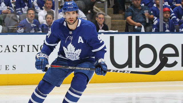 TORONTO, ON - APRIL 21: John Tavares #91 of the Toronto Maple Leafs skates against the Boston Bruins in Game Six of the Eastern Conference First Round during the 2019 NHL Stanley Cup Playoffs at Scotiabank Arena on April 21, 2019 in Toronto, Ontario, Canada. The Bruins defeated the Maple Leafs 4-2.