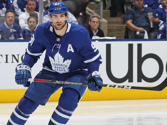 TORONTO, ON - APRIL 21: John Tavares #91 of the Toronto Maple Leafs skates against the Boston Bruins in Game Six of the Eastern Conference First Round during the 2019 NHL Stanley Cup Playoffs at Scotiabank Arena on April 21, 2019 in Toronto, Ontario, Canada. The Bruins defeated the Maple Leafs 4-2.