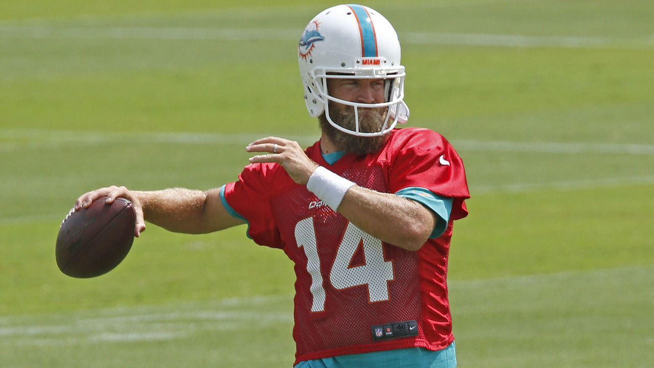 DAVIE, FL - APRIL 17: Ryan Fitzpatrick #14 of the Miami Dolphins throws the ball during the team's voluntary minicamp on April 17, 2019 at the Miami Dolphins training facility in Davie, Florida.