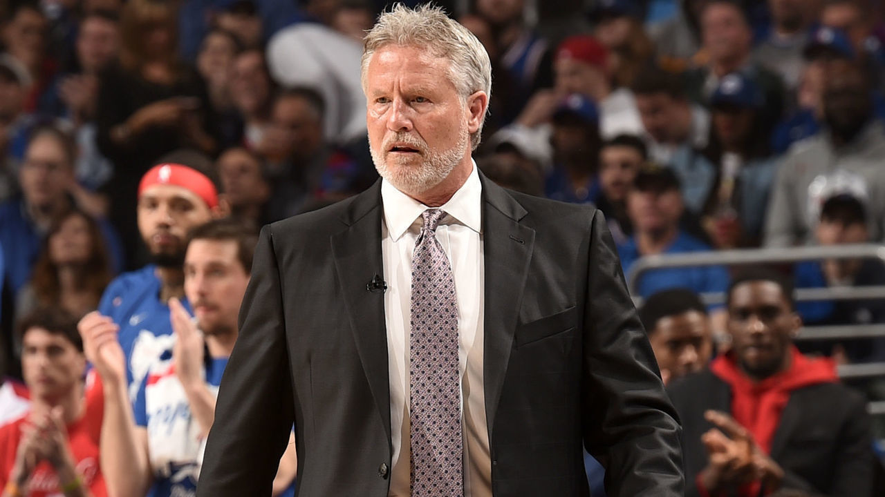 PHILADELPHIA, PA - MAY 9: Head Coach Brett Brown of the Philadelphia 76ers looks on against the Toronto Raptors during Game Six of the Eastern Conference Semifinals of the 2019 NBA Playoffs on May 9, 2019 at the Wells Fargo Center in Philadelphia, Pennsylvania. NOTE TO USER: User expressly acknowledges and agrees that, by downloading and/or using this photograph, user is consenting to the terms and conditions of the Getty Images License Agreement. Mandatory Copyright Notice: Copyright 2019 NBAE