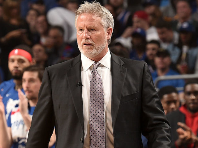 PHILADELPHIA, PA - MAY 9: Head Coach Brett Brown of the Philadelphia 76ers looks on against the Toronto Raptors during Game Six of the Eastern Conference Semifinals of the 2019 NBA Playoffs on May 9, 2019 at the Wells Fargo Center in Philadelphia, Pennsylvania. NOTE TO USER: User expressly acknowledges and agrees that, by downloading and/or using this photograph, user is consenting to the terms and conditions of the Getty Images License Agreement. Mandatory Copyright Notice: Copyright 2019 NBAE