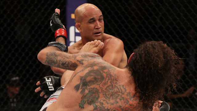 RIO DE JANEIRO, BRAZIL - MAY 11: (R-L) Clay Guida kicks BJ Penn in their lightweight bout during the UFC 237 event at Jeunesse Arena on May 11, 2019 in Rio De Janeiro, Brazil.