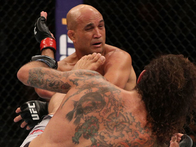 RIO DE JANEIRO, BRAZIL - MAY 11: (R-L) Clay Guida kicks BJ Penn in their lightweight bout during the UFC 237 event at Jeunesse Arena on May 11, 2019 in Rio De Janeiro, Brazil.