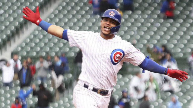 CHICAGO, ILLINOIS - MAY 11: Willson Contreras #40 of the Chicago Cubs rounds the base following his 15th inning walk-off home run against the Milwaukee Brewers at Wrigley Field on May 11, 2019 in Chicago, Illinois.