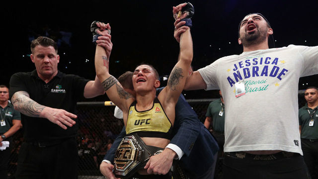 RIO DE JANEIRO, BRAZIL - MAY 11: Jessica Andrade of Brazil celebrates after her knockout victory over Rose Namajunas in their women's strawweight championship bout during the UFC 237 event at Jeunesse Arena on May 11, 2019 in Rio De Janeiro, Brazil.