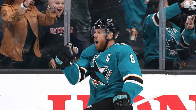 SAN JOSE, CALIFORNIA - MAY 11: Joe Pavelski #8 of the San Jose Sharks celebrates after scoring a goal on Jordan Binnington #50 of the St. Louis Blues during the first period in Game One of the Western Conference Finals during the 2019 NHL Stanley Cup Playoffs at SAP Center on May 11, 2019 in San Jose, California.