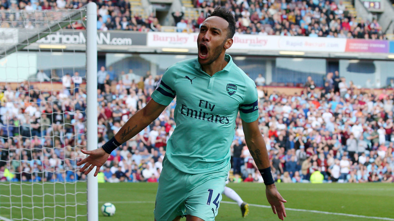 BURNLEY, ENGLAND - MAY 12: Pierre-Emerick Aubameyang of Arsenal celebrates after scoring his team's first goal during the Premier League match between Burnley FC and Arsenal FC at Turf Moor on May 12, 2019 in Burnley, United Kingdom.