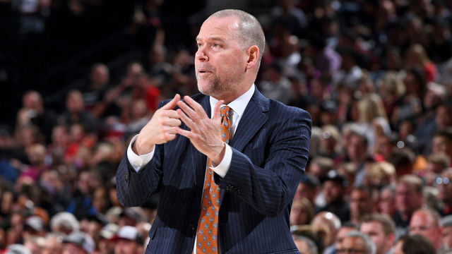 PORTLAND, OR - MAY 9: Head Coach Michael Malone of the Denver Nuggets calls a time out during the game against the Portland Trail Blazers during Game Six of the Western Conference Semifinals of the 2019 NBA Playoffs on May 9, 2019 at the Moda Center in Portland, Oregon. NOTE TO USER: User expressly acknowledges and agrees that, by downloading and/or using this photograph, user is consenting to the terms and conditions of the Getty Images License Agreement. Mandatory Copyright Notice: Copyright 2019 NBAE