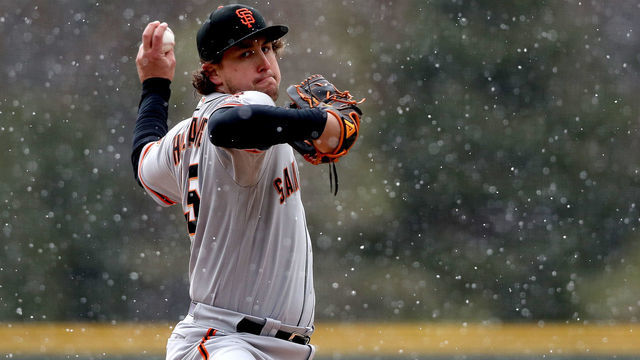 DENVER, COLORADO - MAY 09: Starting pitcher Derek Holland #45 of the San Francisco Giants throws at in the first inning against the Colorado Rockies at Coors Field on May 08, 2019 in Denver, Colorado.