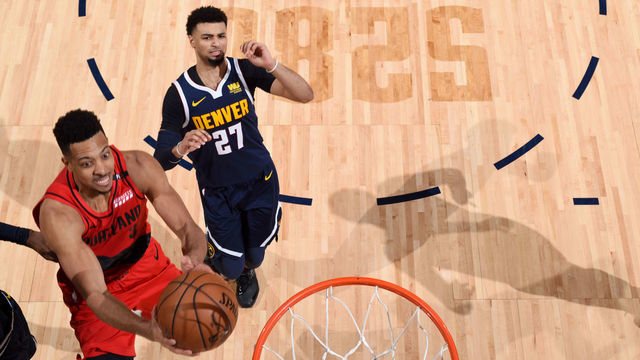 DENVER, CO - MAY 12: CJ McCollum #3 of the Portland Trail Blazers goes to the basket against the Denver Nuggets during Game Seven of the Western Conference Semi-Finals of the 2019 NBA Playoffs on May 12, 2019 at the Pepsi Center in Denver, Colorado. NOTE TO USER: User expressly acknowledges and agrees that, by downloading and/or using this Photograph, user is consenting to the terms and conditions of the Getty Images License Agreement. Mandatory Copyright Notice: Copyright 2019 NBAE