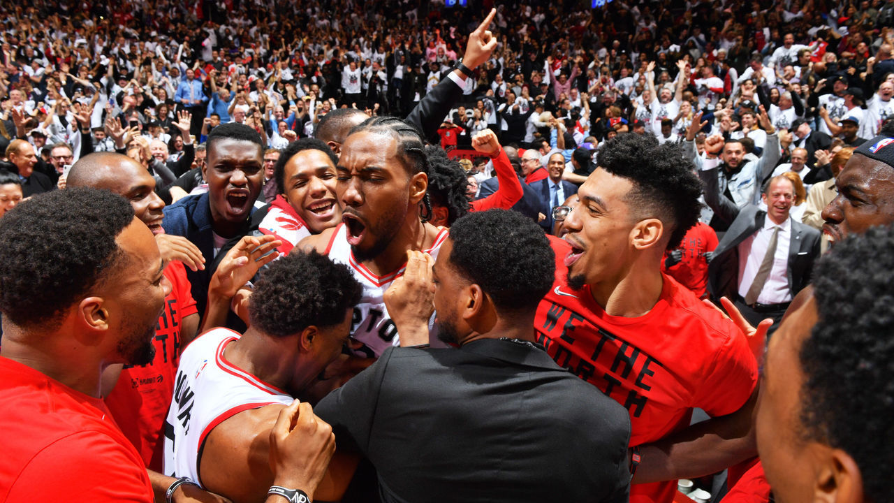 TORONTO, CANADA - MAY 12: Kawhi Leonard #2 of the Toronto Raptors reacts after defeating the Philadelphia 76ers in Game Seven of the Eastern Conference Semi-Finals of the 2019 NBA Playoffs on May 12, 2019 at the Scotiabank Arena in Toronto, Ontario, Canada. Mandatory Copyright Notice: Copyright 2019 NBAE